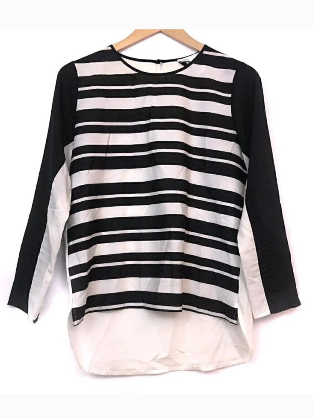 BAR III Black Cream Stripe 3/4 Sleeve High Low Hi-Lo Polyester Sheer Blouse Top